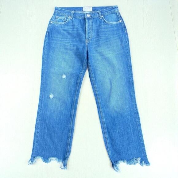 We the Free Denim - Free People Maggie Cropped Jeans 29 Mid Rise Straight Leg Distressed Boho Casual